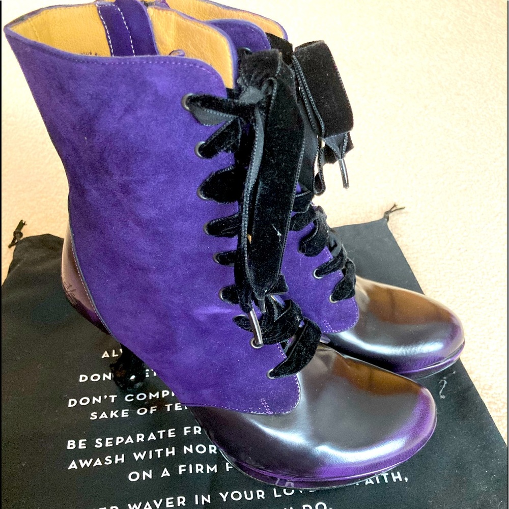 Queen Transcendent Victoria mid shin laceup boot designed by John Fluevog. 7 1/2
